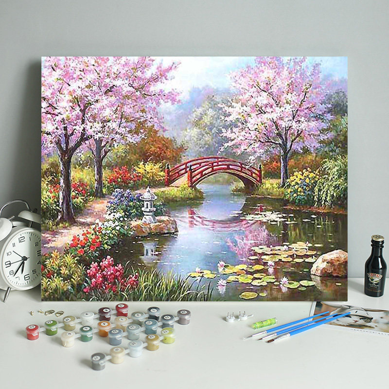 数字油画diy填充春天风景装饰挂画手绘涂色丙烯画手工填色油彩画