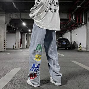 @港风 2022个性字母牛仔裤嘻哈ins潮高街潮流痞帅长裤 NZ241-P50图片