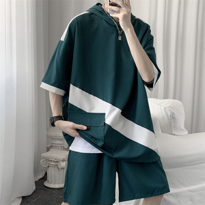 冰丝拼色连帽短袖短裤套装男女夏季两件套TZ2221/P55