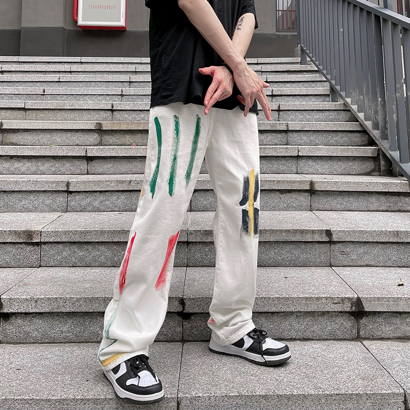 @潮夏季薄款牛仔裤子男女同款高街ins潮牌泼墨直筒裤X268-P45，男装牛仔裤，星座223（原229-2）