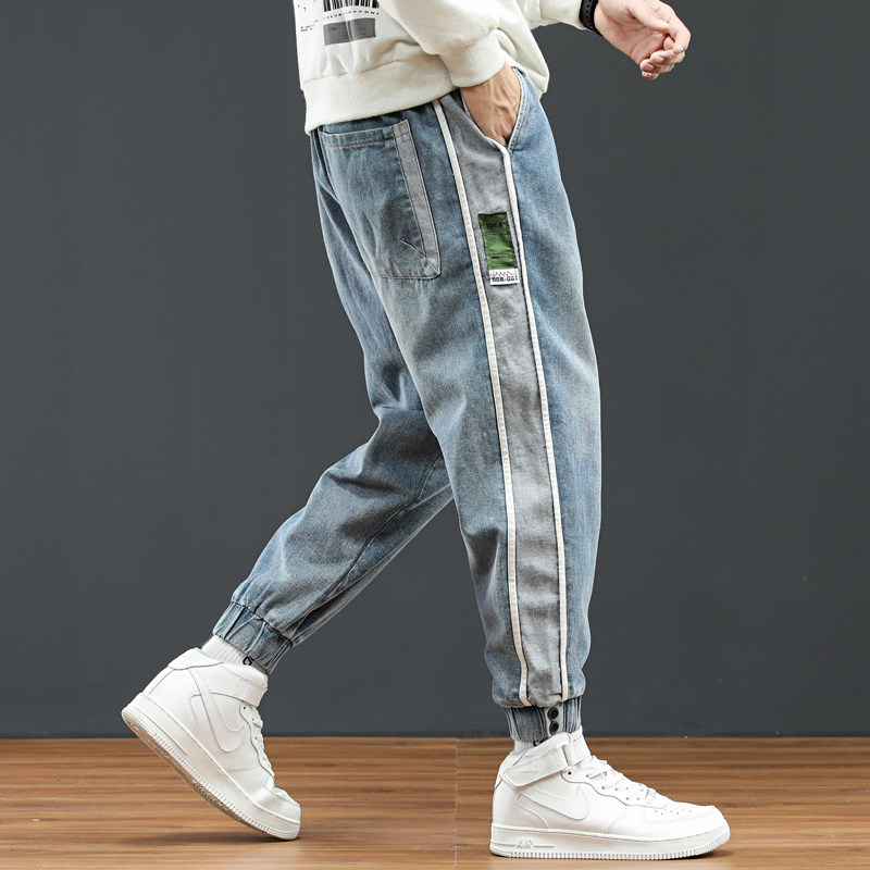 @日系大码 M-4XL 拼接明线束脚牛仔男宽松小直筒长裤NZ194-P50图片
