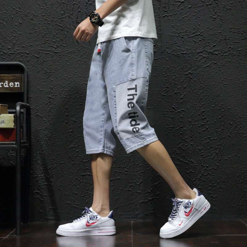 日系拼色字母印花七分牛仔裤男加肥大码夏季DH2020/P50，男装牛仔裤，星座223（原229-2）