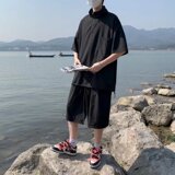 @港风冰丝短衬衫套装短袖短裤两件套潮男一套衣服帅气TZ01-P50，男装牛仔裤，星座223（原229-2）