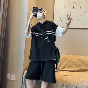 @港风 夏季短袖T恤短裤一套衣服连帽两件套 TZ02-P45图片