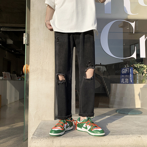 @港风 夏季膝盖破洞牛仔裤男潮牌街头直筒裤NZ256-P40,男装牛仔裤,星座223（原229-2）