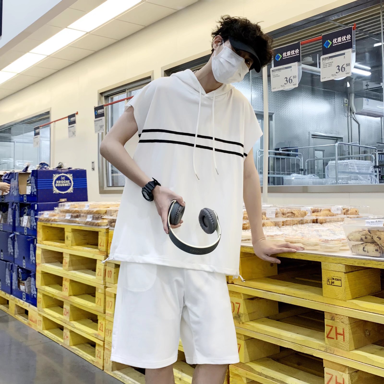 @港风无袖连帽短袖卫衣套装男夏季一套衣服TZ02-P45,男装T恤,星座223（原229-2）