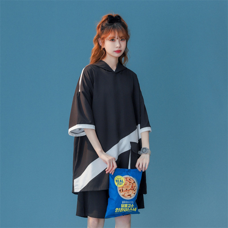 冰丝拼色连帽短袖短裤套装男女夏季两件套TZ2221/P55,女装套装/套裙,星座223（原229-2）