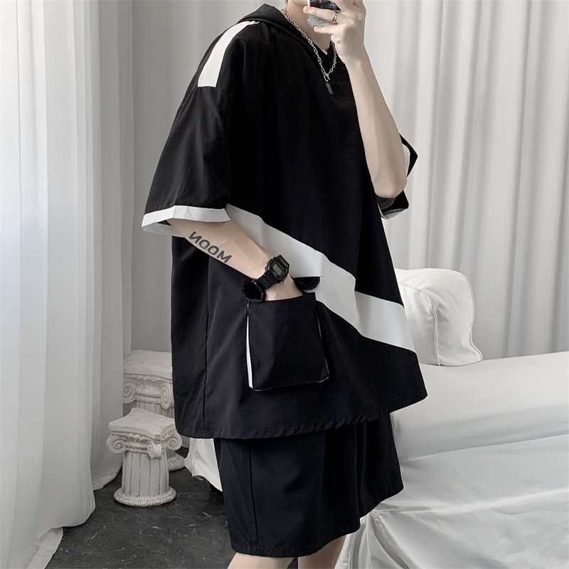 冰丝拼色连帽短袖短裤套装男女夏季两件套TZ2221/P55,男装休闲套装,星座223（原229-2）