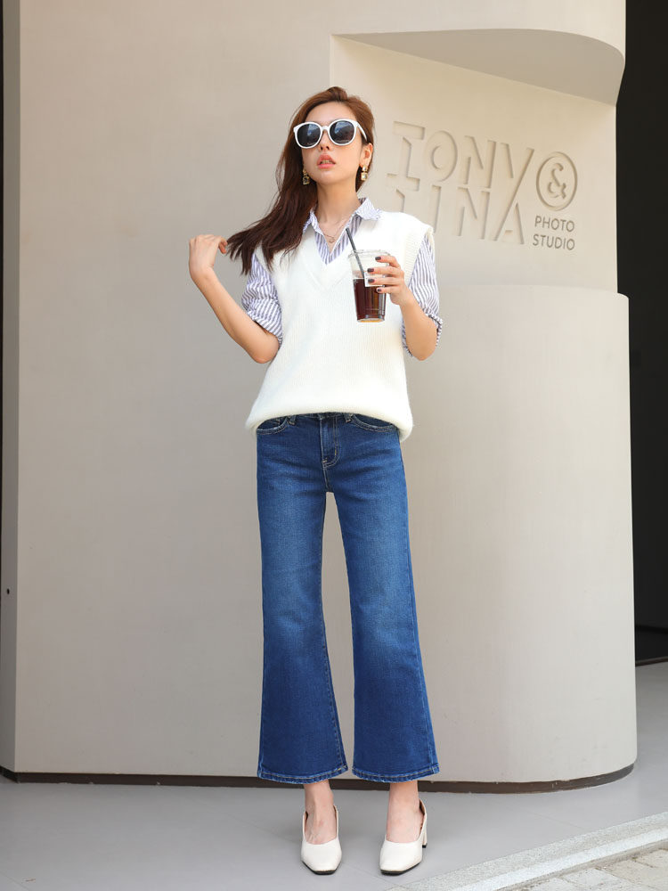 Mini Brand春秋牛仔裤女弹力显瘦复古水洗蓝色九分喇叭裤时尚舒适