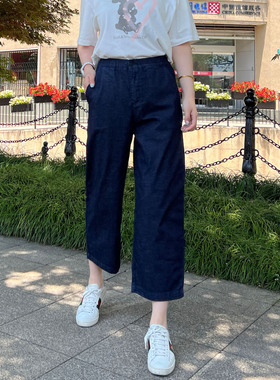 夏季超薄Mini Brand高腰宽松显瘦深蓝松紧腰小个子八九分牛仔裤女
