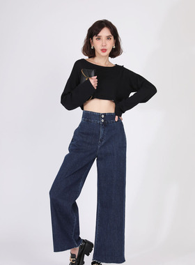 小个子显高阔腿裤女mini brand春季新款时尚高腰直筒深蓝牛仔裤女