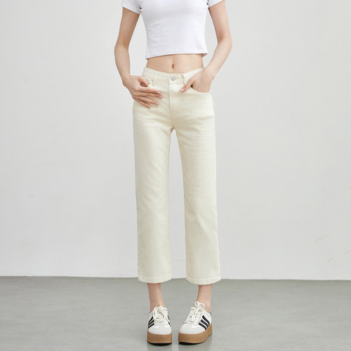 MiniBrand 2025春夏新款米白色直筒牛仔裤女高腰修身烟管裤子