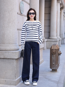 磨毛绒牛仔裤女Mini Brand2023年秋冬新款高腰显瘦直筒阔腿裤长裤