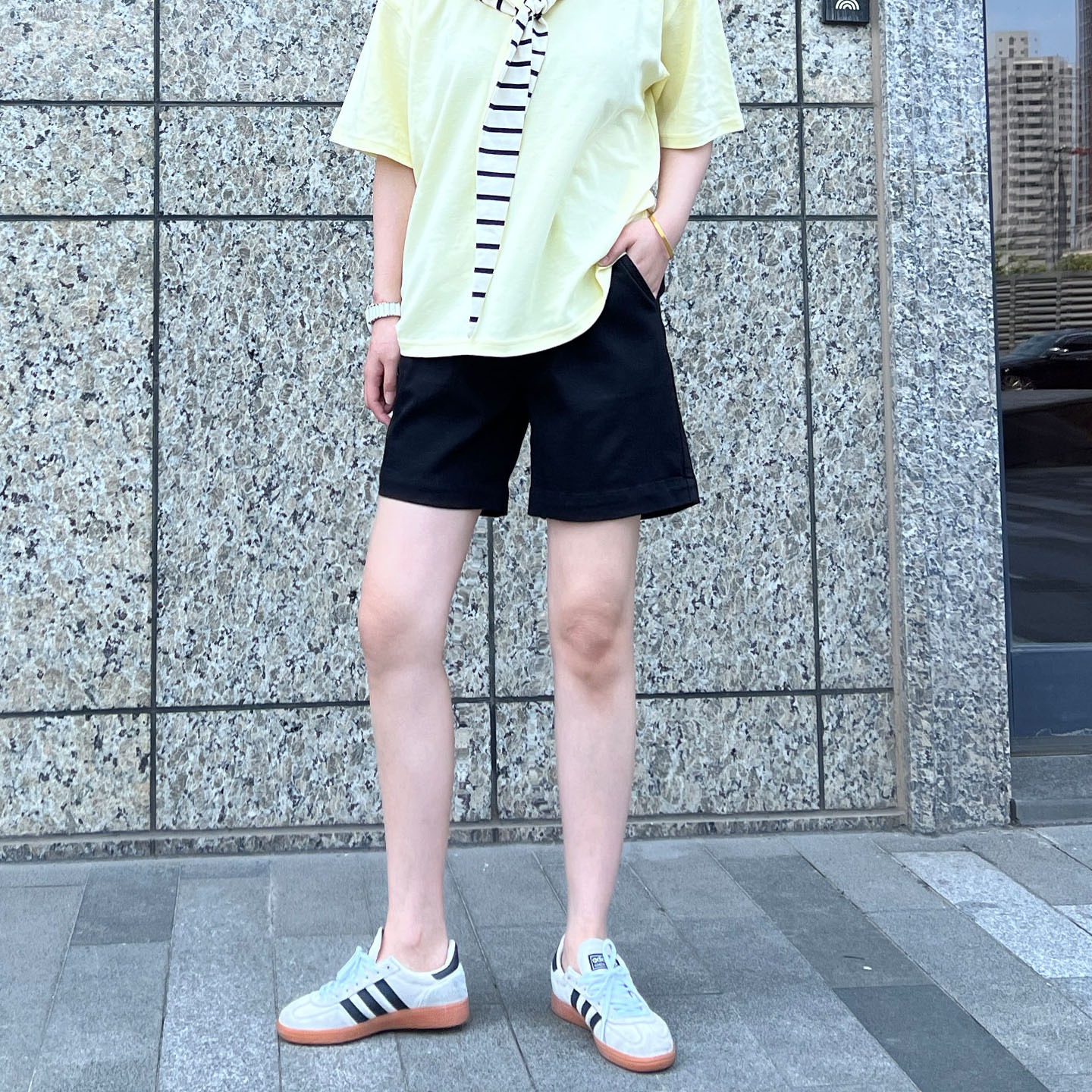 MiniBrand2025春夏薄款高腰松紧腰宽松黑色A字牛仔短裤女弹力显瘦