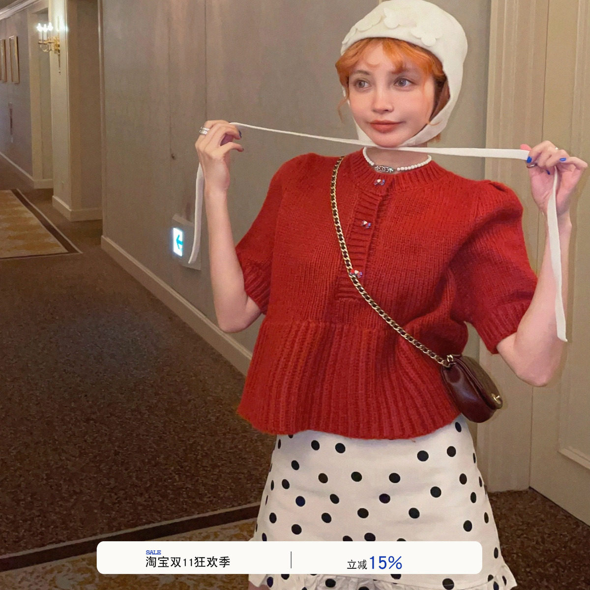 milktina定制丨魔术师·复古红短款针织衫 2025秋韩版泡泡袖毛衣
