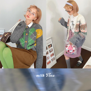milktina定制 羊毛毛衣女「2色」 布达佩斯菱格撞色少女软糯开衫