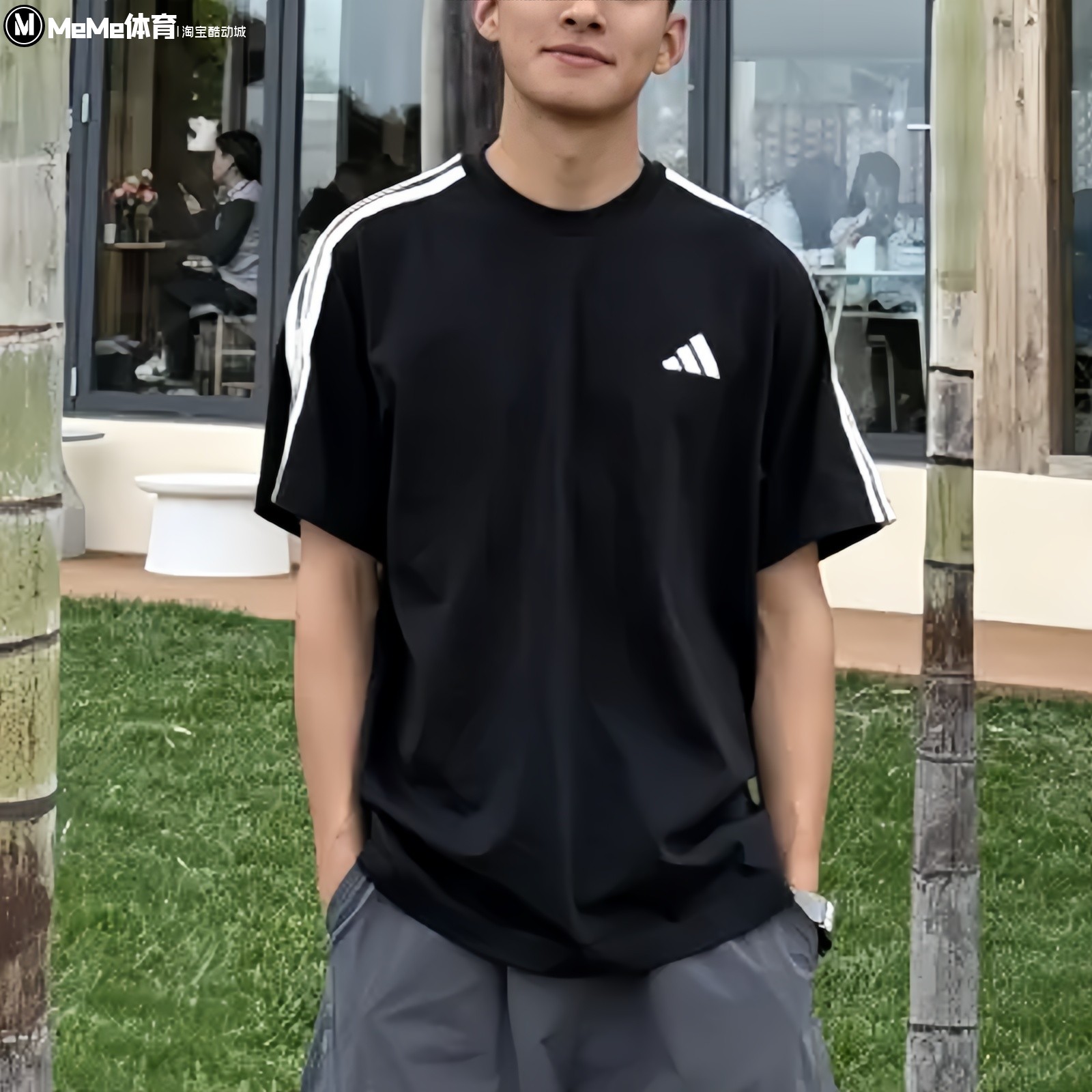 阿迪达斯2026夏款男装三条纹纯棉休闲简约懒人穿搭短袖T恤 KR2490