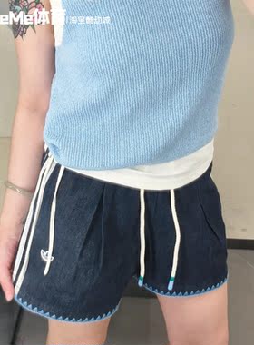 三叶草女裤抽绳纯棉牛仔高腰短裤