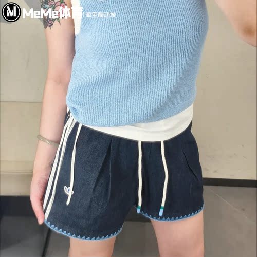 三叶草女裤抽绳纯棉牛仔高腰短裤