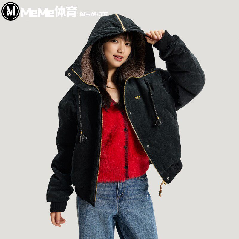 阿迪达斯三叶草女子棉服2026新年款毛绒领保暖甜酷运动外套KT0722