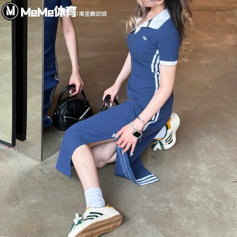 阿迪达斯三叶草新款女子针织罗纹运动连衣裙