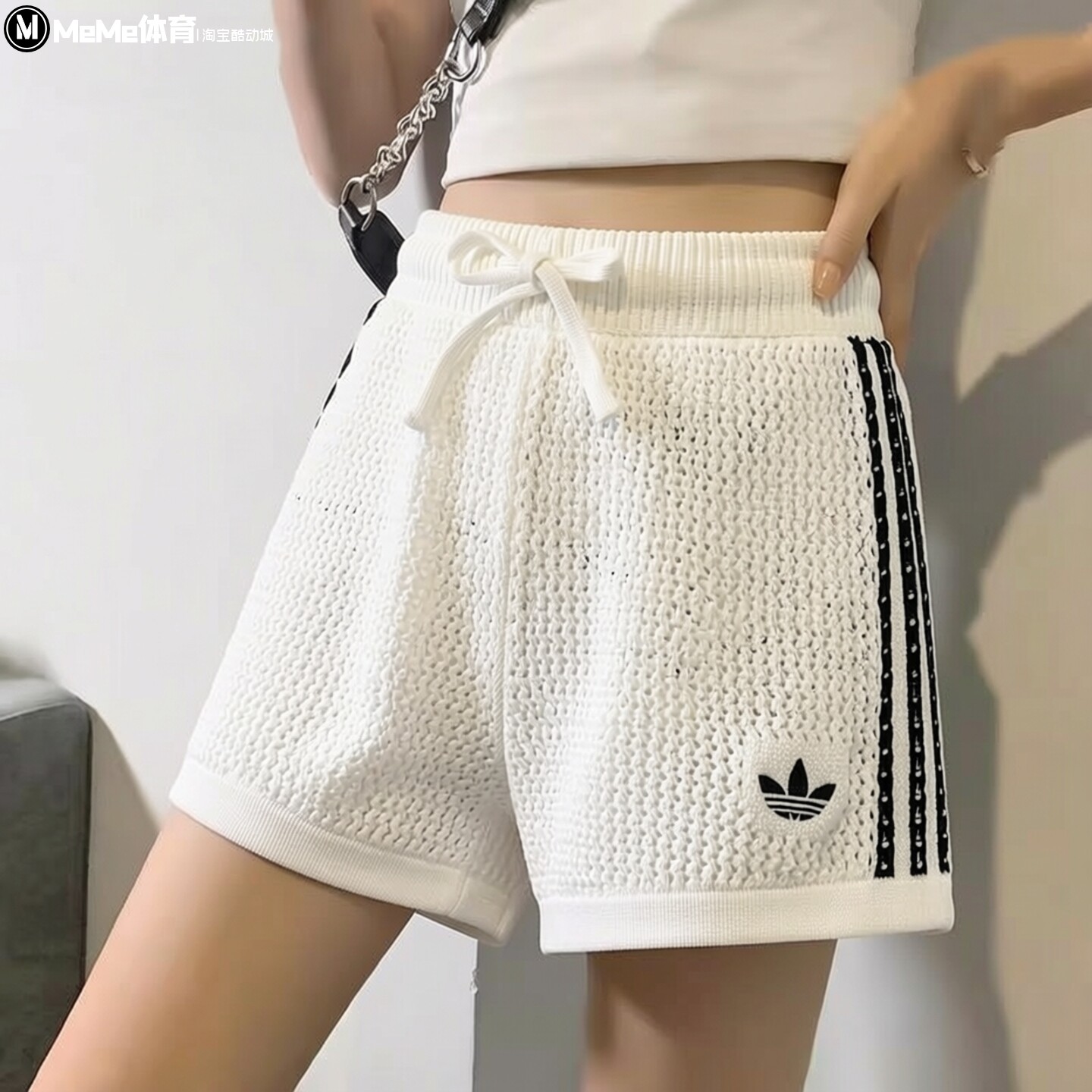 阿迪达斯三叶草女裤2026夏款抽绳高腰镂空针织辣妹百搭短裤KC6477