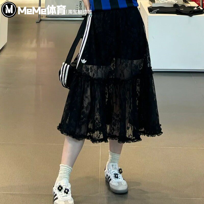 阿迪达斯三叶草女裙2025夏季款显瘦安全裤蕾丝运动半身长裙KD2289