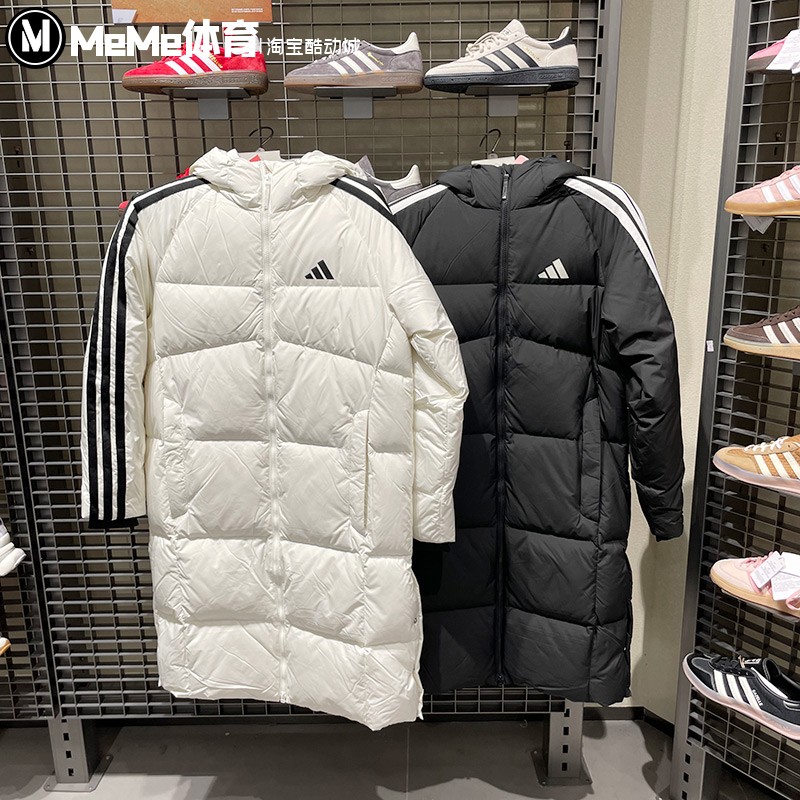 阿迪达斯男子羽绒服2025冬新品经典三条纹保暖长款运动外套KC2497