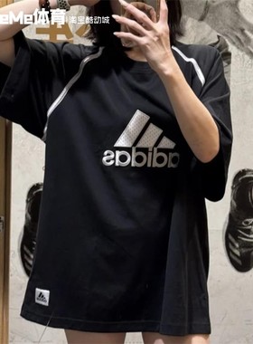 阿迪达斯三叶草男女2025夏款大LOGO百搭黑色运动短袖T恤衫 KC3861