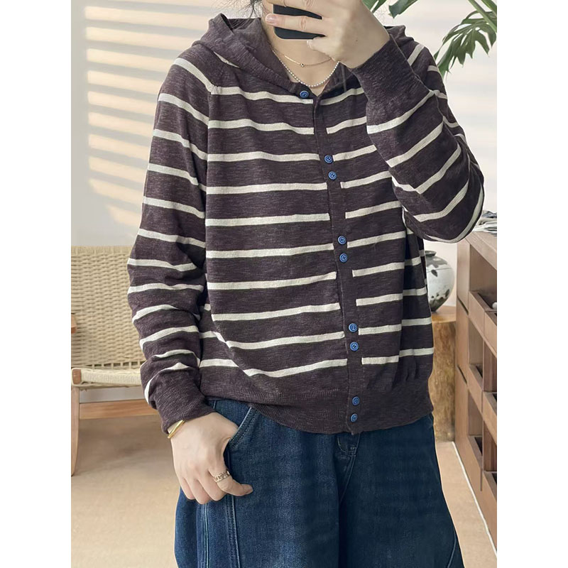 2025秋冬新款连帽条纹针织开衫女宽松显瘦百搭休闲上衣-14524