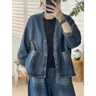 2026春秋款女装做旧大口袋牛仔外套女休闲V领百搭文艺复古3538