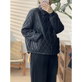 黑色菱格纹棉服女装 翻领保暖外套通勤高级感棉衣8640 宽松长袖