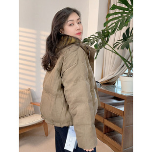 立领刺绣拉链苎麻棉服女宽松百搭短款面包服保暖外套8875