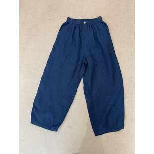 春夏100%汉麻纯色织格纹松紧九分裤 8686 常规口袋休闲裤