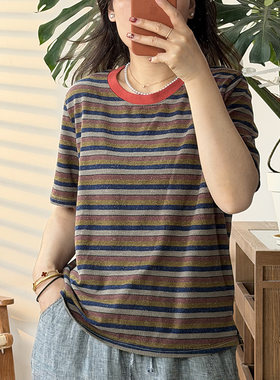 爆款春夏季韩版百搭宽松圆领条纹短袖T恤女装595（6908）