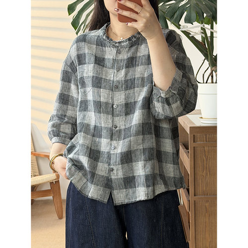 爆款100%汉麻时尚百搭七分袖格子衬衫上衣女装282