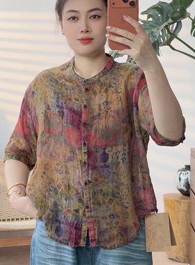 自带凉意苎麻文艺咖底印花宽松透气夏季中袖女士衬衫9817