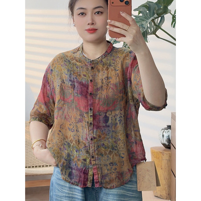 自带凉意苎麻文艺咖底印花宽松透气夏季中袖女士衬衫9817