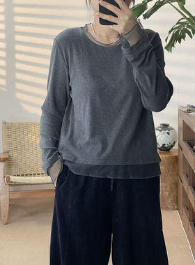 2025春秋新款圆领拼接蕾丝T恤女宽松显瘦百搭休闲上衣-31015