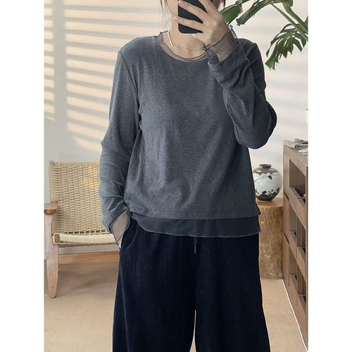 圆领拼接蕾丝T恤女宽松显瘦