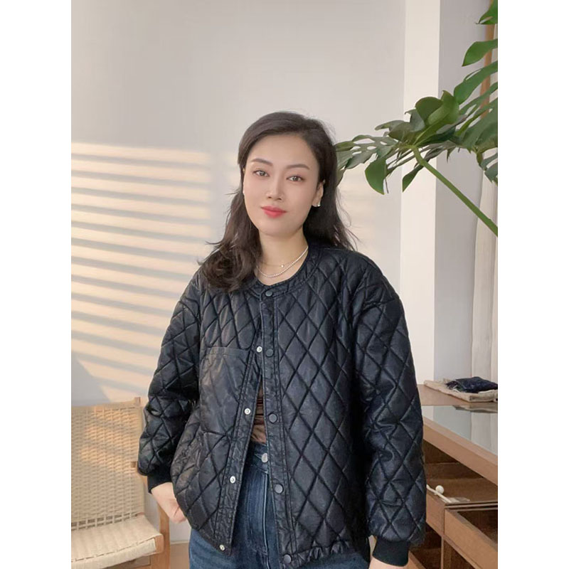 文艺圆领PU夹棉菱形格棉服女冬季休闲宽松保暖外搭棉衣外套8641
