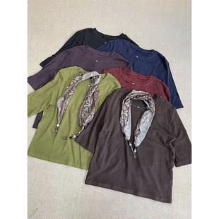 带丝巾 T恤女显瘦百搭休闲上衣 25105 圆领羊绒棉五分袖 2025秋款