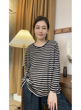 2025秋款海岛棉条纹长袖T恤女宽松显瘦百搭休闲上衣6900（长袖）