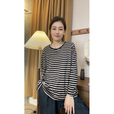 2025秋款海岛棉条纹长袖T恤女宽松显瘦百搭休闲上衣6900（长袖）