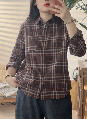 文艺复古咖格格子宽松休闲长袖衬衫上衣女装10339
