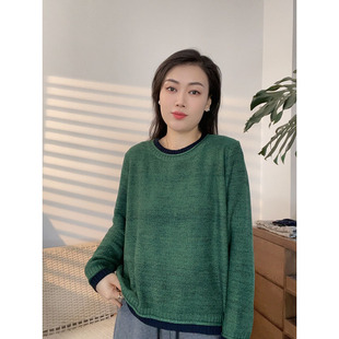 撞色边圆领针织衫女绿色宽松百搭显瘦减龄毛衣2811