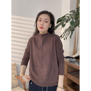 复古条纹半高领长袖石墨烯卫衣女秋季百搭显瘦打底衫上衣6527