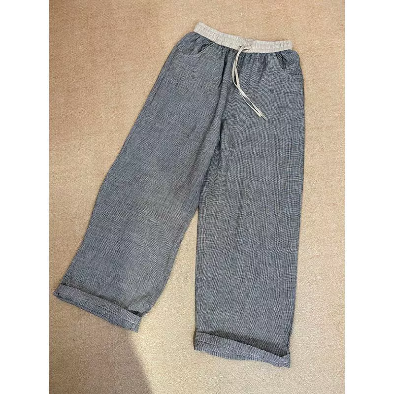 2025夏款抽绳松紧腰细格子裤女显瘦百搭亚麻直筒休闲九分裤-377