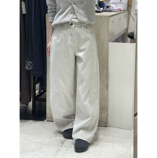 88050 女宽松休闲阔腿长裤 牛仔裤 设计感深蓝色直筒半松紧腰工装