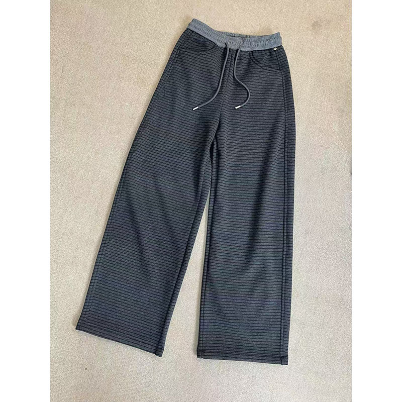 极简风细条纹加绒羊绒阔腿裤松紧腰抽绳百搭显瘦直筒长裤1216